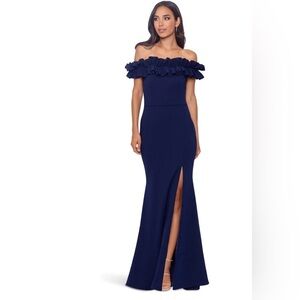 NWT XSCAPE Prom
Long Crepe Over-the-Shoulder
Ruffle Gown